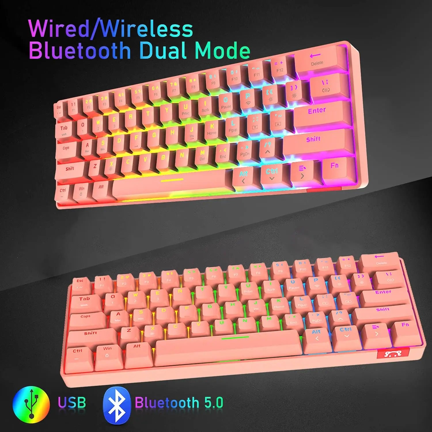 60% Mechanical Keyboard Wired/Wireless Bluetooth 5.0 Dual-mode Keyboard 61-Key RGB Rainbow LED Backlit Gaming Keyboard