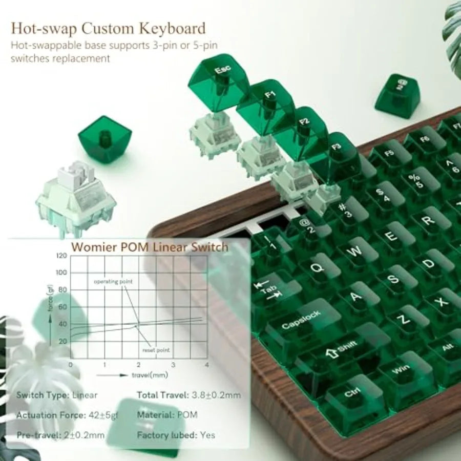 Wireless mechanical keyboard for gaming and office use wood frame natural brown 8000mAh battery life with tri-mode connectivity