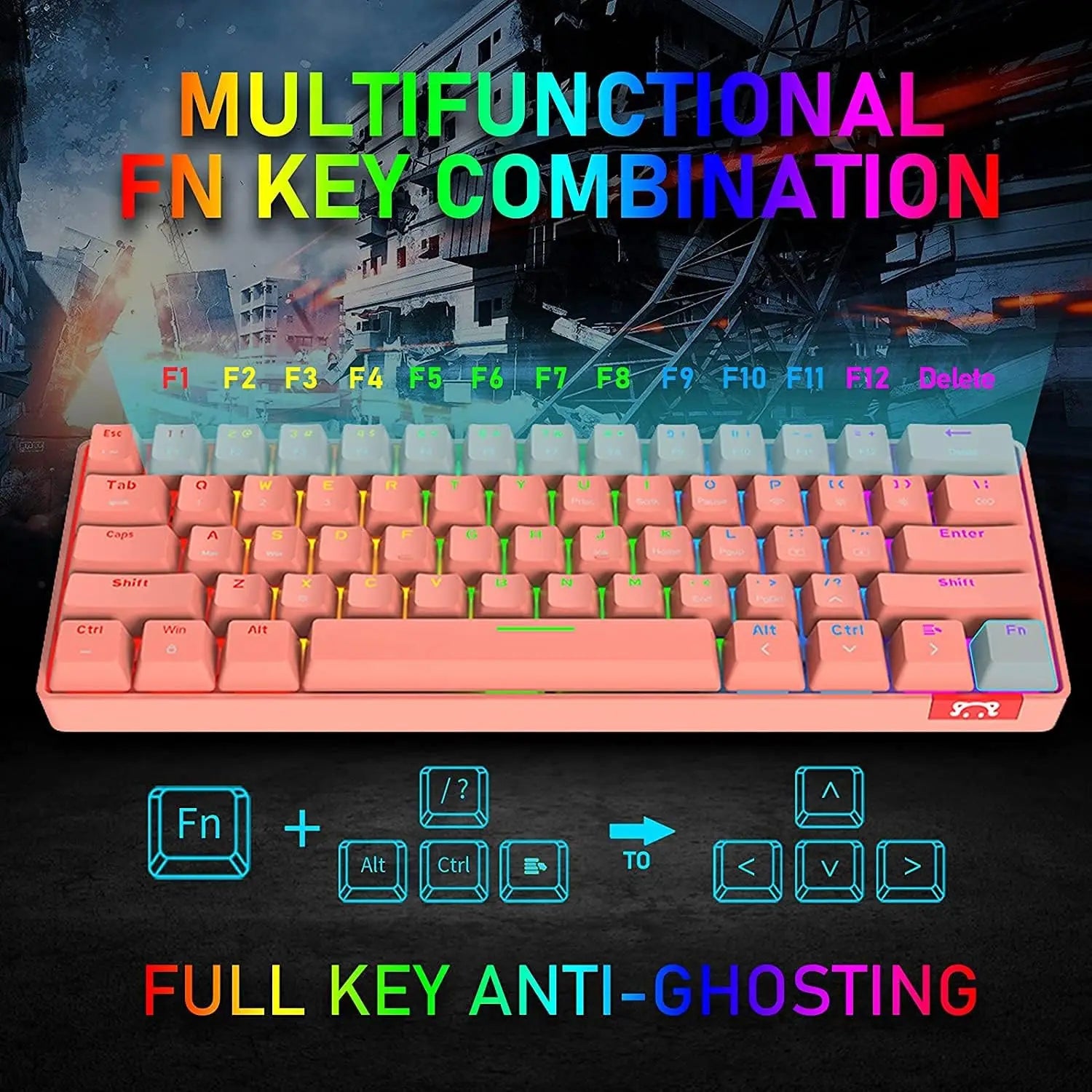 60% Mechanical Keyboard Wired/Wireless Bluetooth 5.0 Dual-mode Keyboard 61-Key RGB Rainbow LED Backlit Gaming Keyboard
