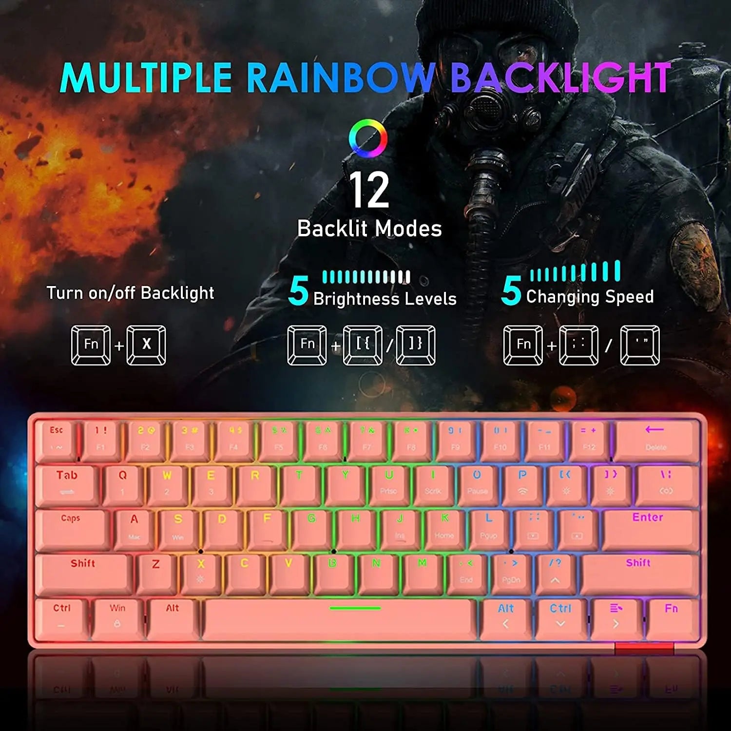 60% Mechanical Keyboard Wired/Wireless Bluetooth 5.0 Dual-mode Keyboard 61-Key RGB Rainbow LED Backlit Gaming Keyboard