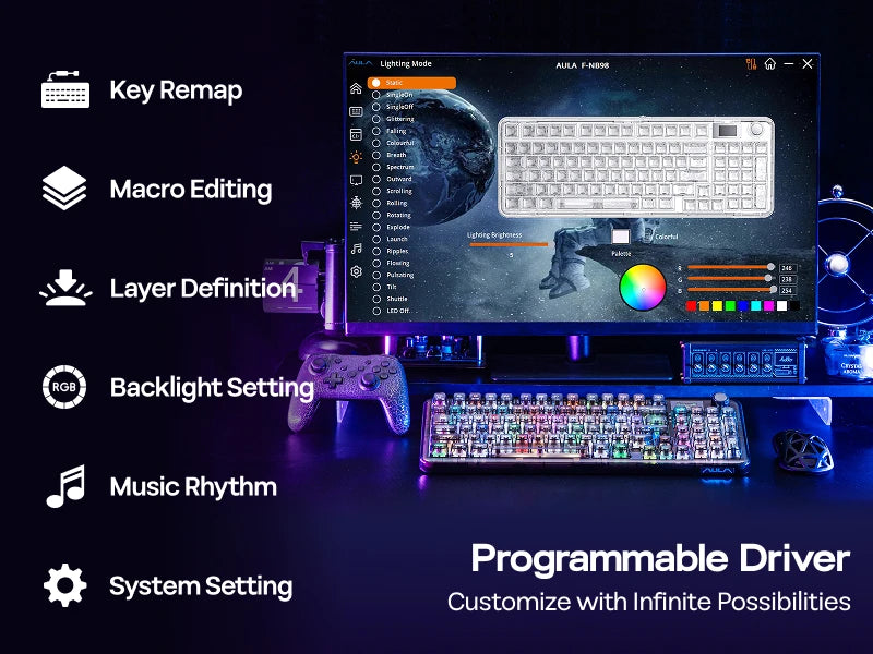 AULA F-NB98 Tri-mode Mechanical Keyboard 96% ANSI US Transparent Hot Swappable Switch Multi-function Knob RGB Gaming Keyboard