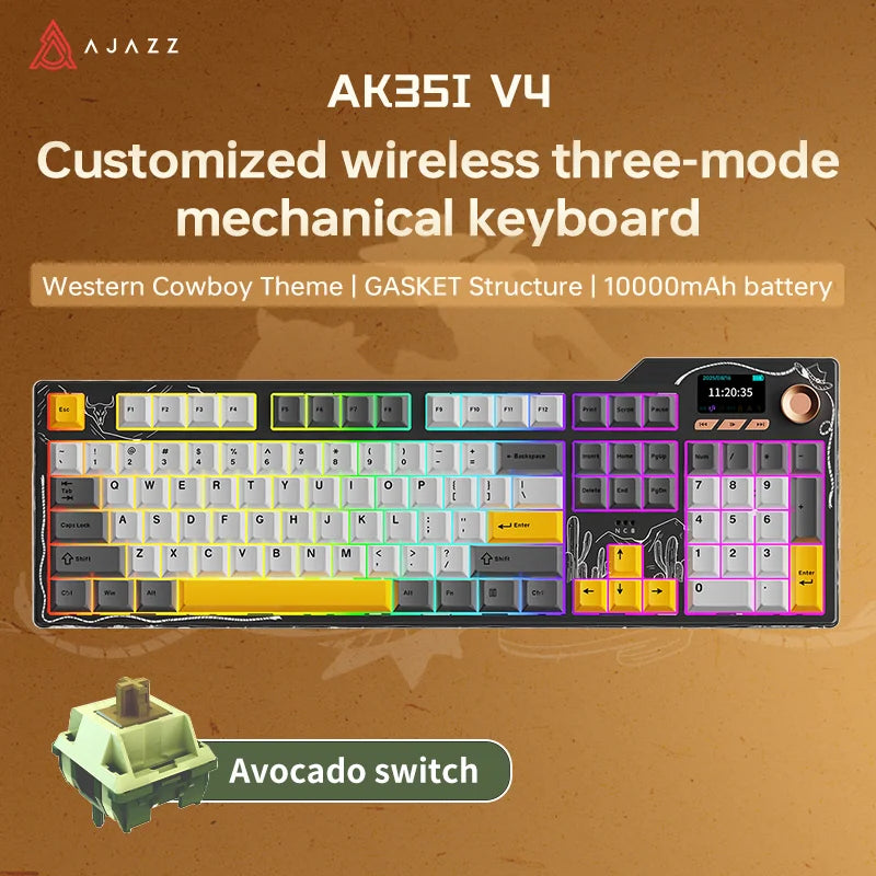 AJAZZ AK35I V4 3-Mode Keyboard, Hot-Swappable Avocado Switch, RGB, TFT, Metal Knob, Multi-Device