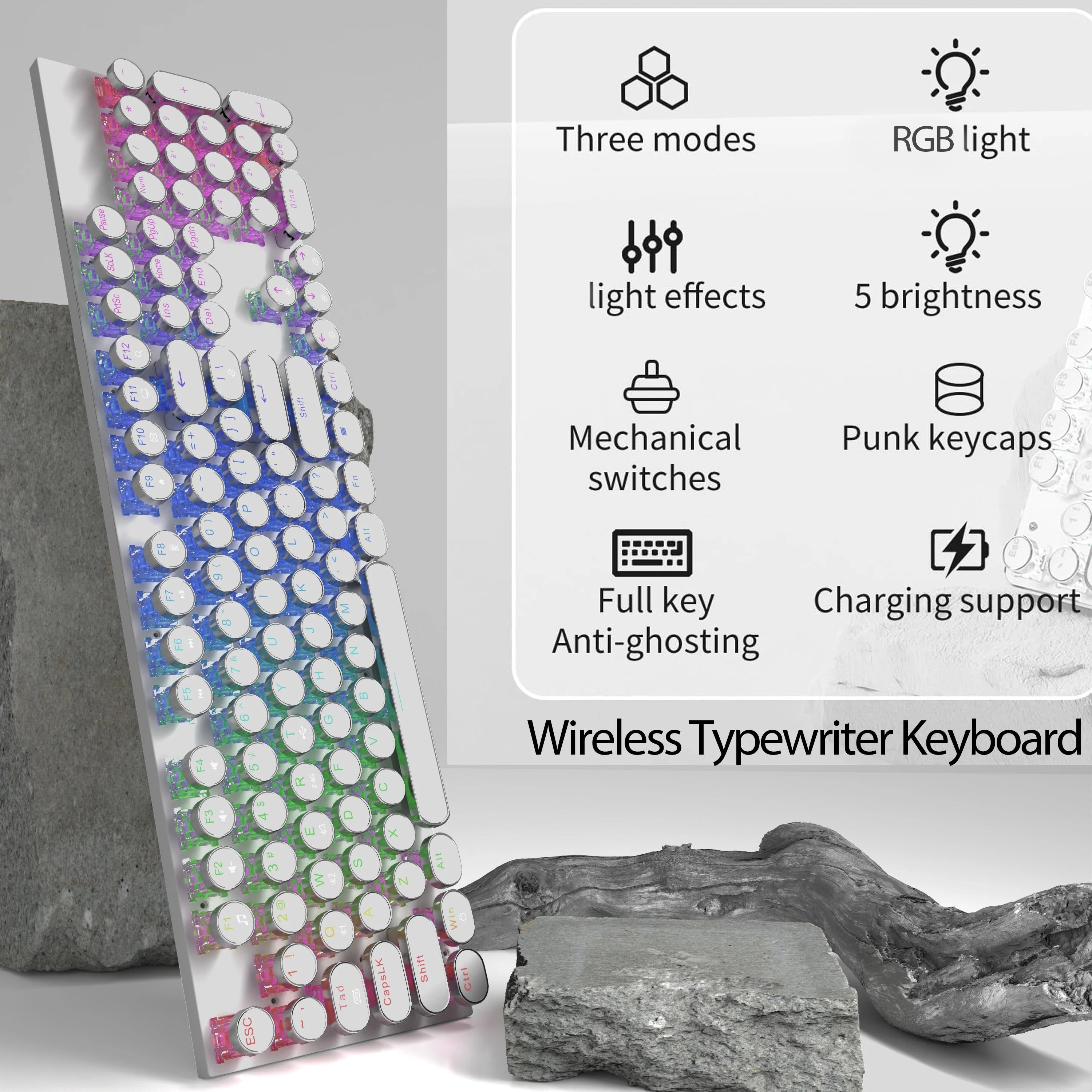 RGB Wireless Punk Typewriter Mechanical Keyboard Round Keycaps And RGB 104-Key Game Office Triple Mode Wireless 5.0/2.4G/Wired E