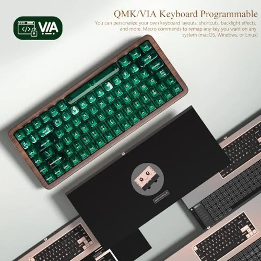 Wireless mechanical keyboard for gaming and office use wood frame natural brown 8000mAh battery life with tri-mode connectivity