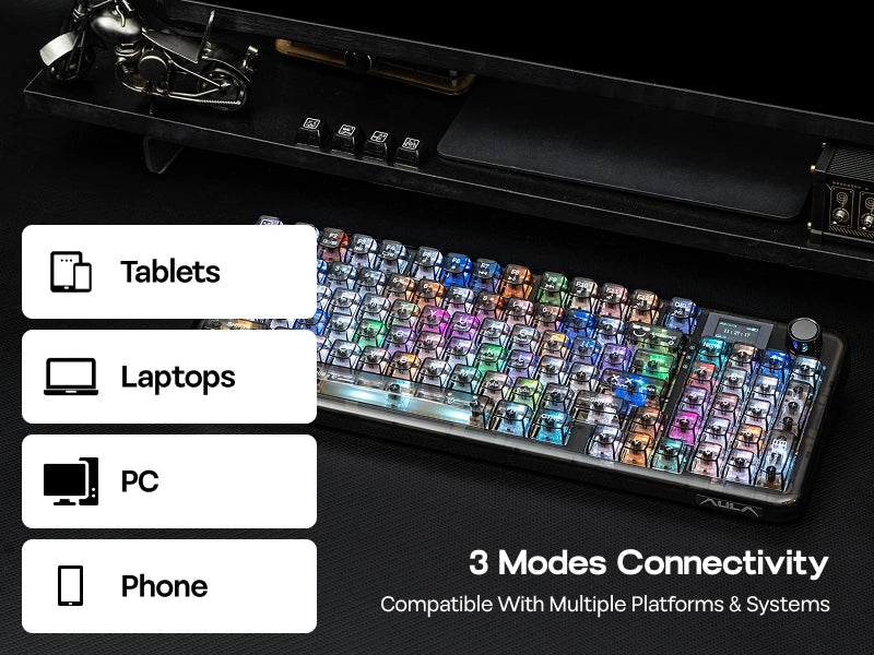 AULA F-NB98 Tri-mode Mechanical Keyboard 96% ANSI US Transparent Hot Swappable Switch Multi-function Knob RGB Gaming Keyboard