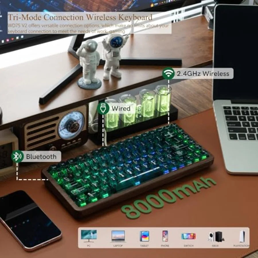 Wireless mechanical keyboard for gaming and office use wood frame natural brown 8000mAh battery life with tri-mode connectivity