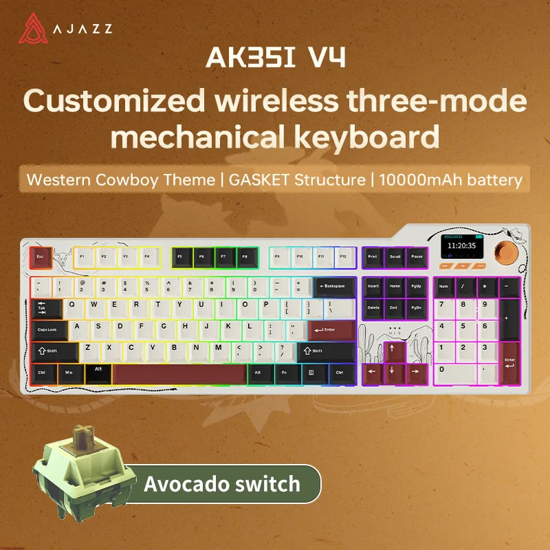 AJAZZ AK35I V4 3-Mode Keyboard, Hot-Swappable Avocado Switch, RGB, TFT, Metal Knob, Multi-Device