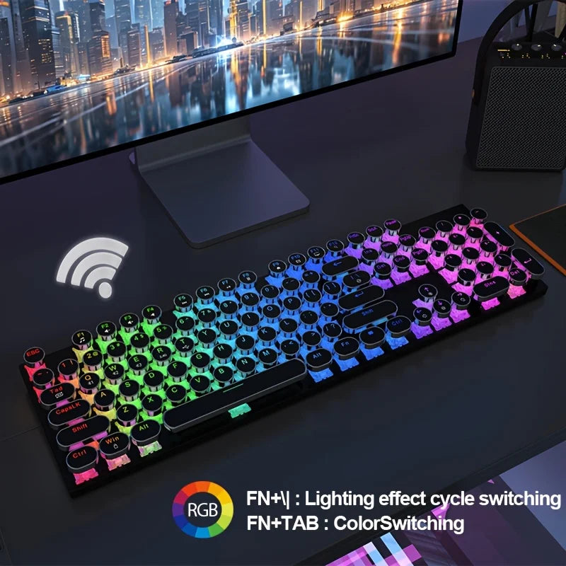 RGB Wireless Punk Typewriter Mechanical Keyboard Round Keycaps And RGB 104-Key Game Office Triple Mode Wireless 5.0/2.4G/Wired E