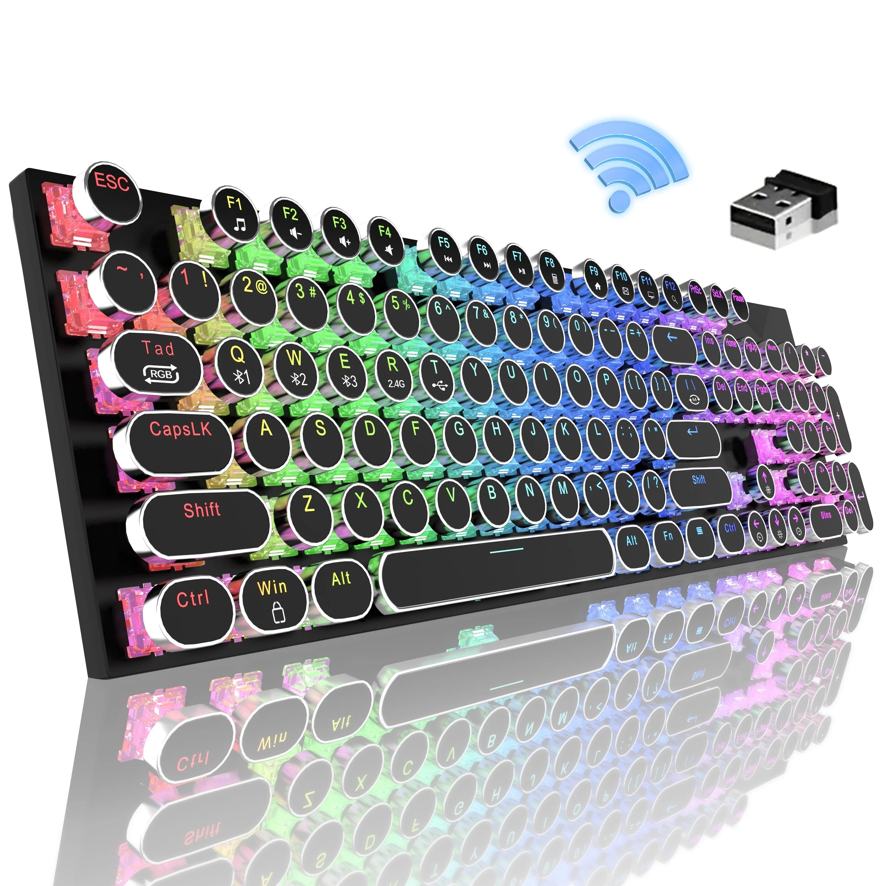 RGB Wireless Punk Typewriter Mechanical Keyboard Round Keycaps And RGB 104-Key Game Office Triple Mode Wireless 5.0/2.4G/Wired E