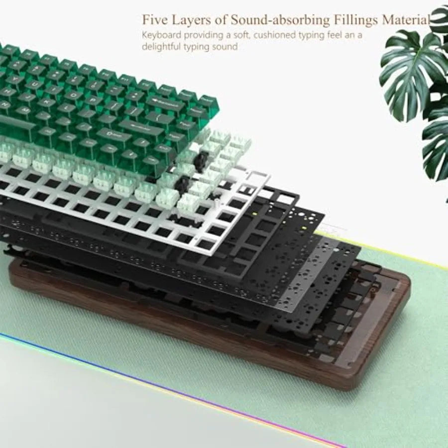 Wireless mechanical keyboard for gaming and office use wood frame natural brown 8000mAh battery life with tri-mode connectivity