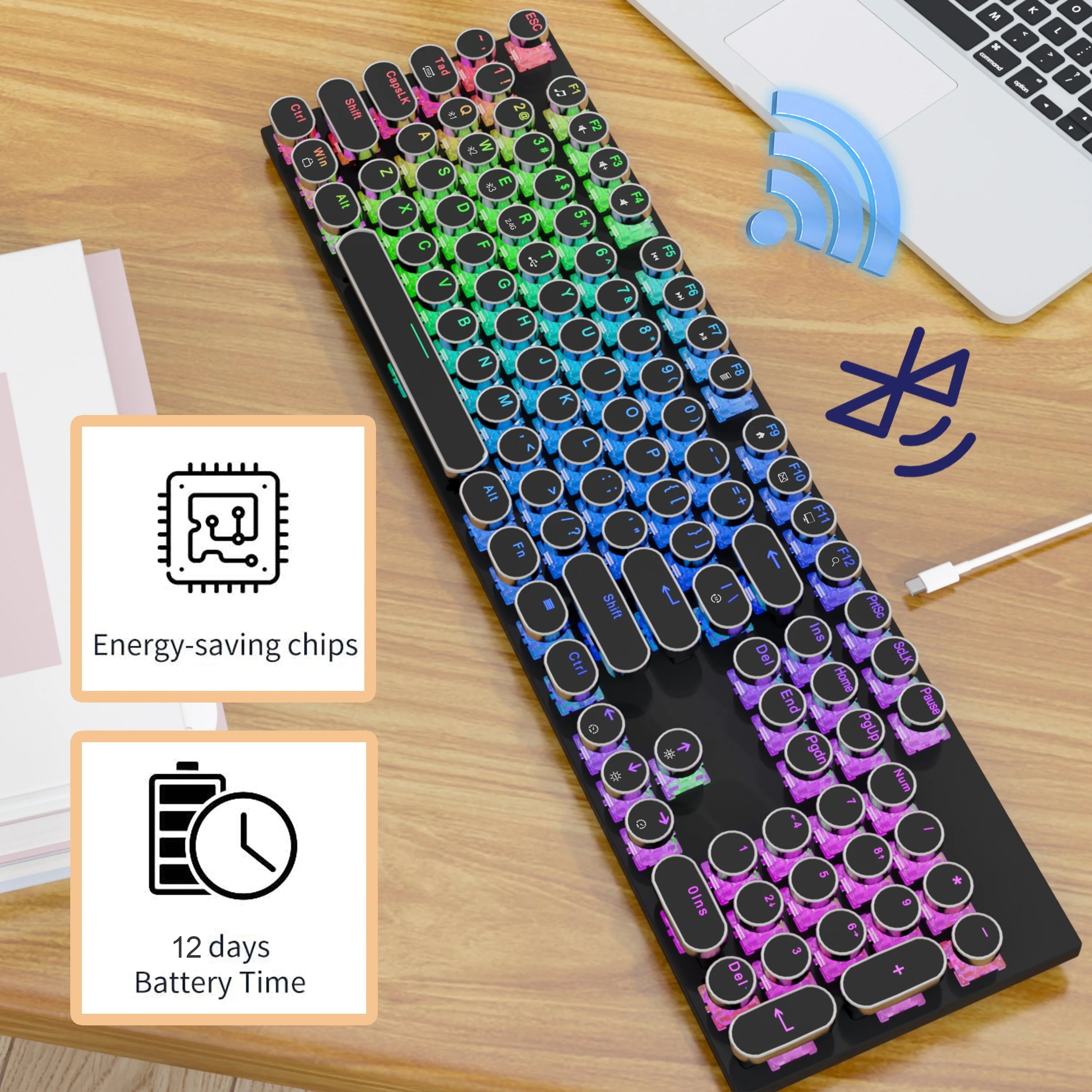 RGB Wireless Punk Typewriter Mechanical Keyboard Round Keycaps And RGB 104-Key Game Office Triple Mode Wireless 5.0/2.4G/Wired E