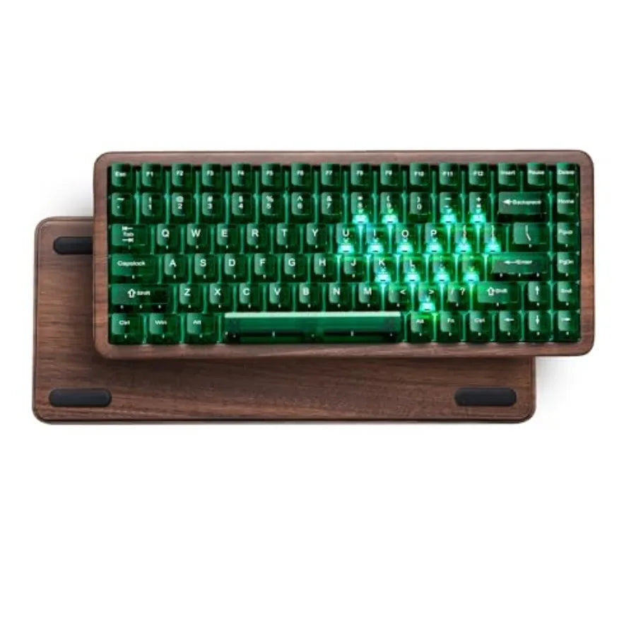 Wireless mechanical keyboard for gaming and office use wood frame natural brown 8000mAh battery life with tri-mode connectivity