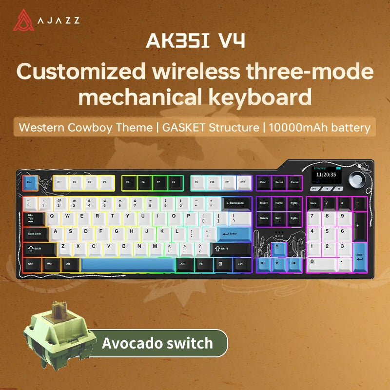 AJAZZ AK35I V4 3-Mode Keyboard, Hot-Swappable Avocado Switch, RGB, TFT, Metal Knob, Multi-Device
