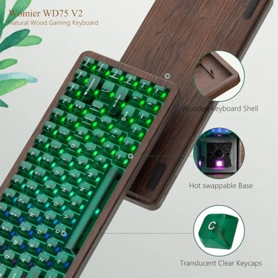Wireless mechanical keyboard for gaming and office use wood frame natural brown 8000mAh battery life with tri-mode connectivity