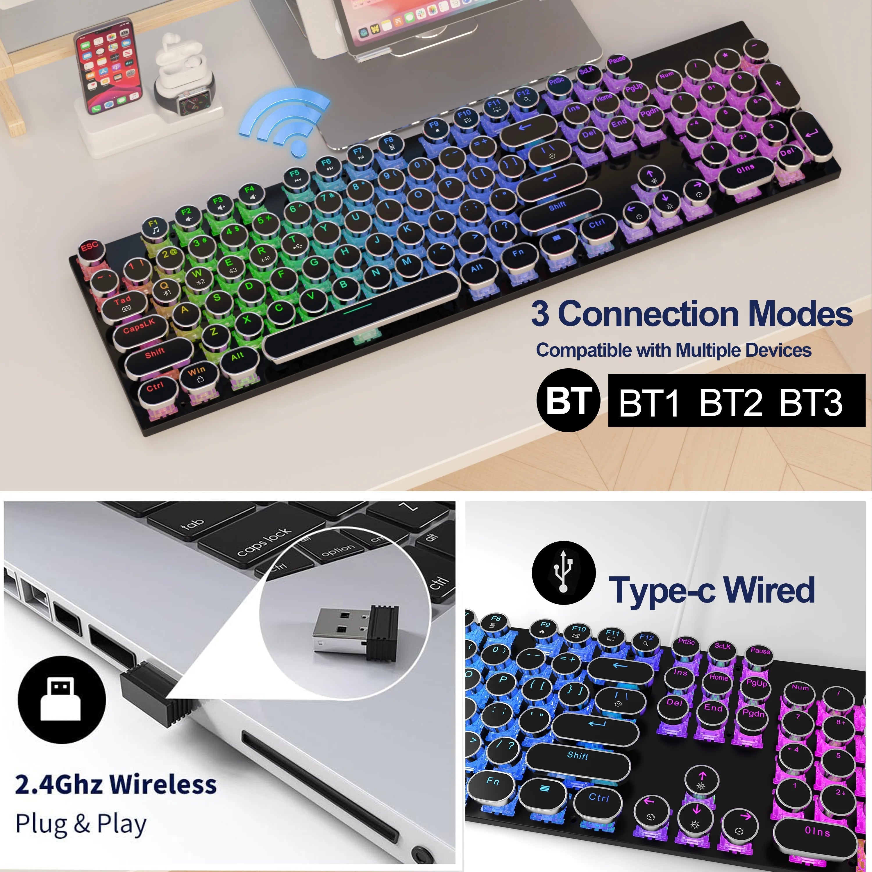 RGB Wireless Punk Typewriter Mechanical Keyboard Round Keycaps And RGB 104-Key Game Office Triple Mode Wireless 5.0/2.4G/Wired E